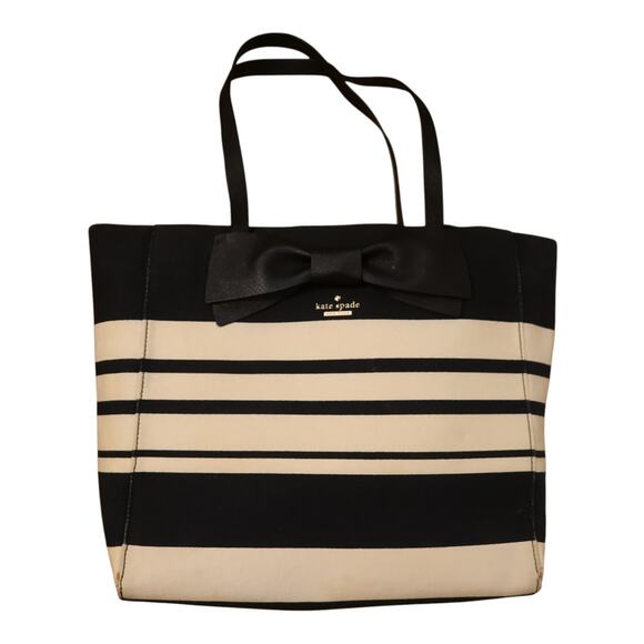 Kate Spade New York Handbags - Kate Spade Bow Tote Black Cream Striped Canvas Shopper Bag Large